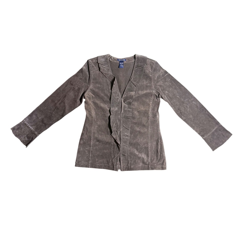 Boston Proper Women Grey Leather Ruffle Front Jacket
